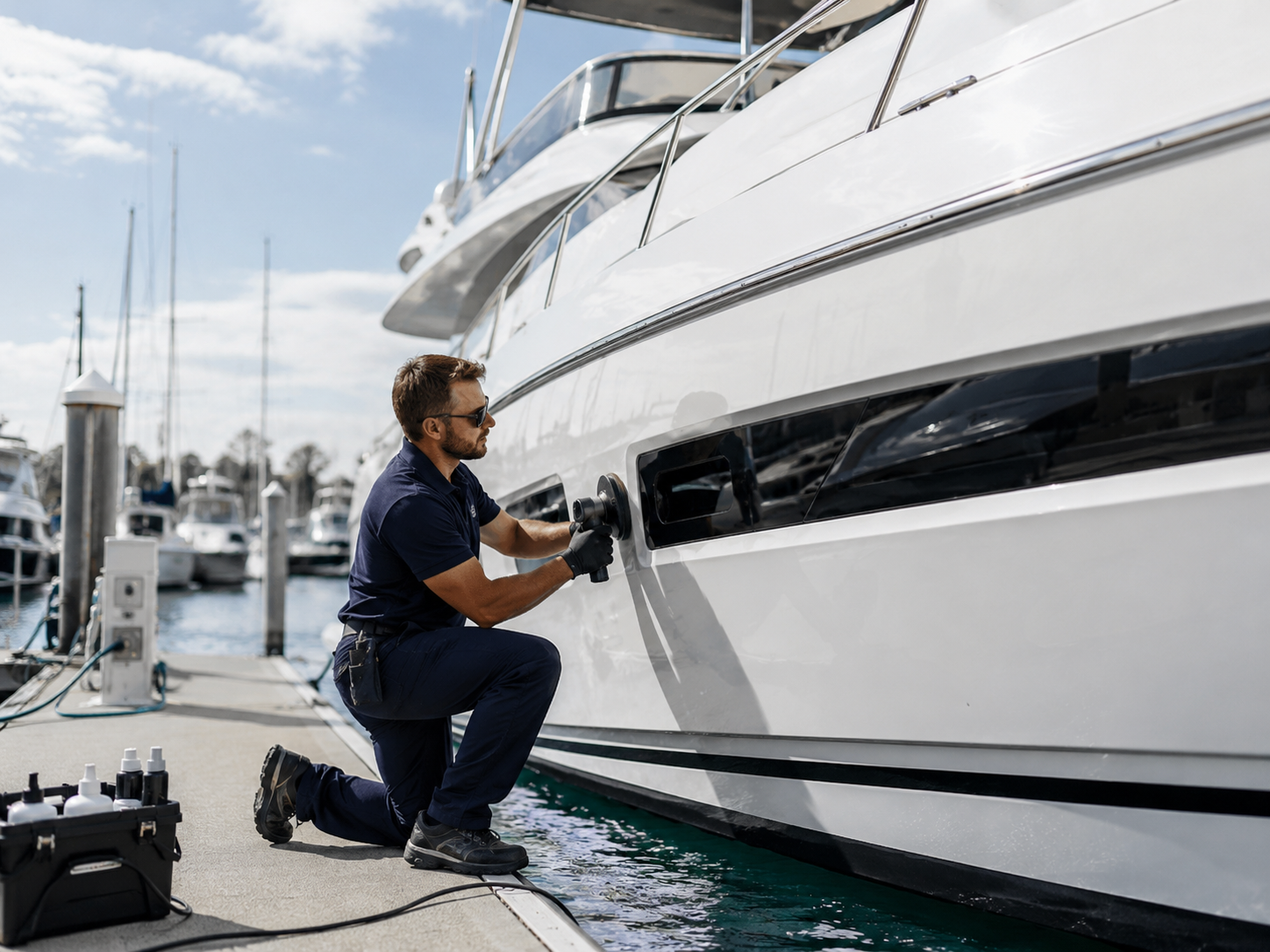 Marine technician repairing a yacht in a marina